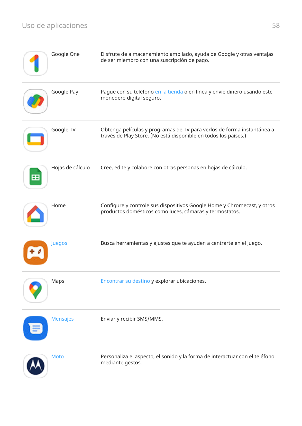 Uso de aplicaciones58Google OneDisfrute de almacenamiento ampliado, ayuda de Google y otras ventajasde ser miembro con una suscr