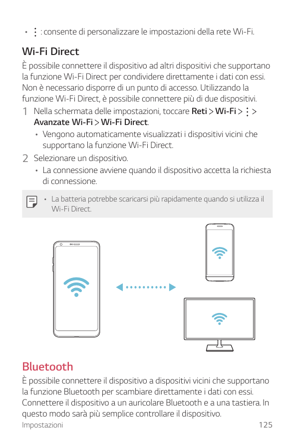 •: consente di personalizzare le impostazioni della rete Wi-Fi.Wi-Fi DirectÈ possibile connettere il dispositivo ad altri dispos