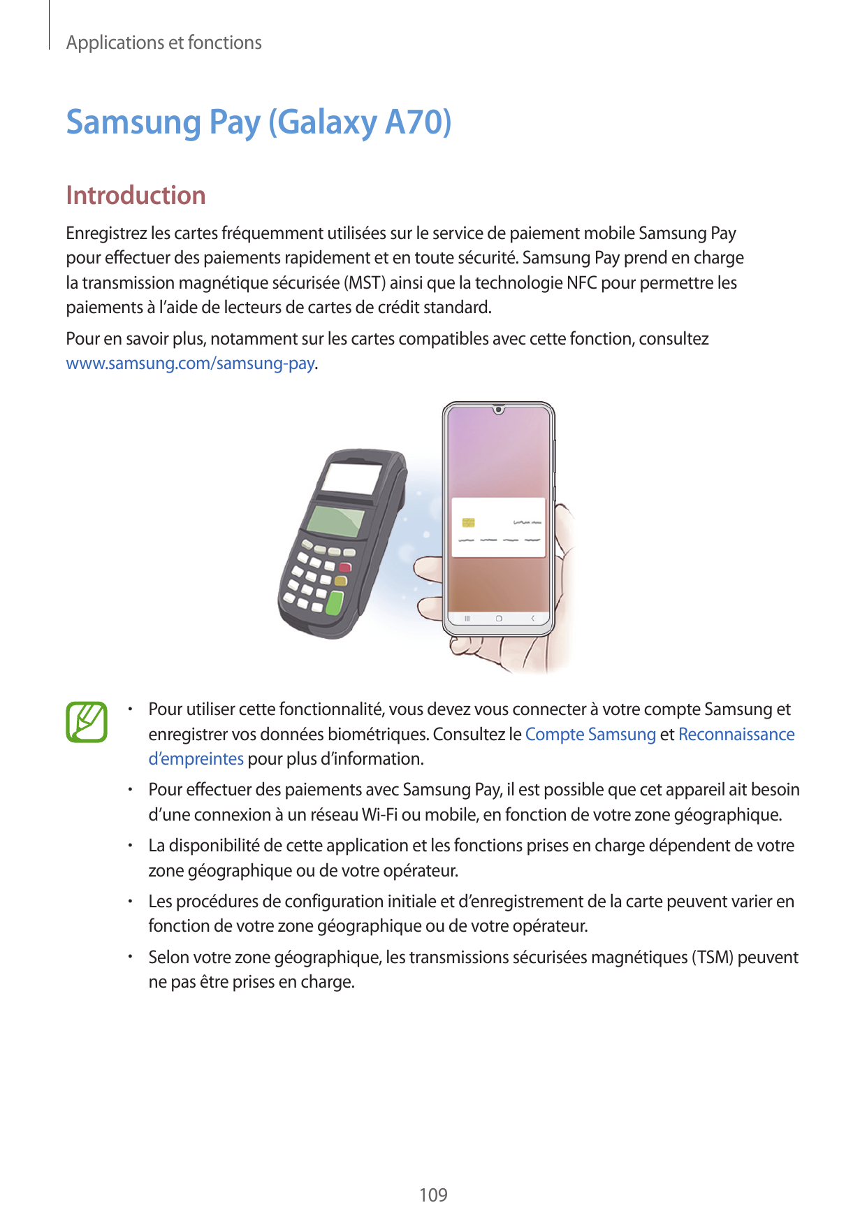 Applications et fonctionsSamsung Pay (Galaxy A70)IntroductionEnregistrez les cartes fréquemment utilisées sur le service de paie