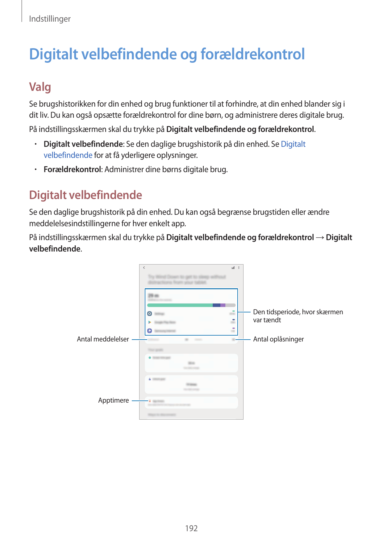 IndstillingerDigitalt velbefindende og forældrekontrolValgSe brugshistorikken for din enhed og brug funktioner til at forhindre,