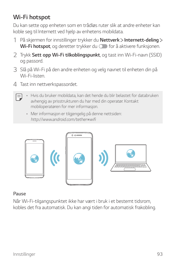 Wi-Fi hotspotDu kan sette opp enheten som en trådløs ruter slik at andre enheter kankoble seg til Internett ved hjelp av enheten