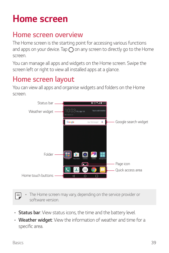 Home screenHome screen overviewThe Home screen is the starting point for accessing various functionsand apps on your device. Tap