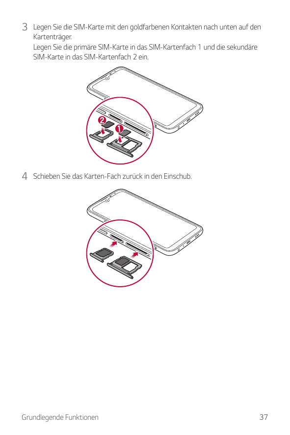 3 Legen Sie die SIM-Karte mit den goldfarbenen Kontakten nach unten auf denKartenträger.Legen Sie die primäre SIM-Karte in das S