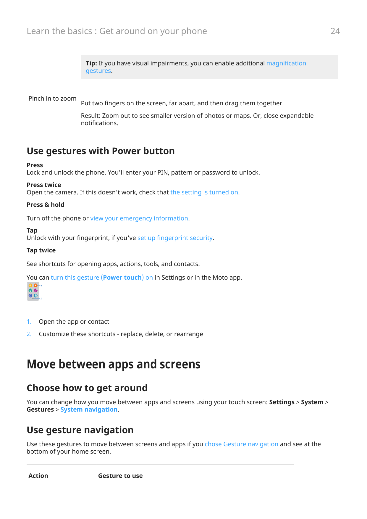 Learn the basics : Get around on your phoneTip: If you have visual impairments, you can enable additional magnificationgestures.