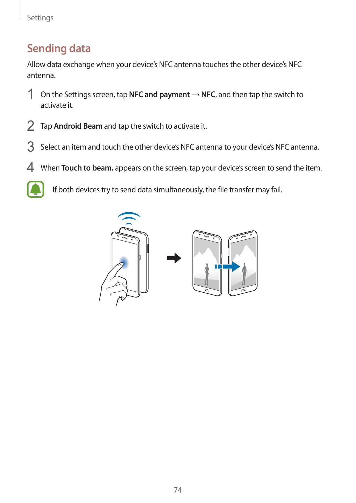 SettingsSending dataAllow data exchange when your device’s NFC antenna touches the other device’s NFCantenna.1234On the Settings