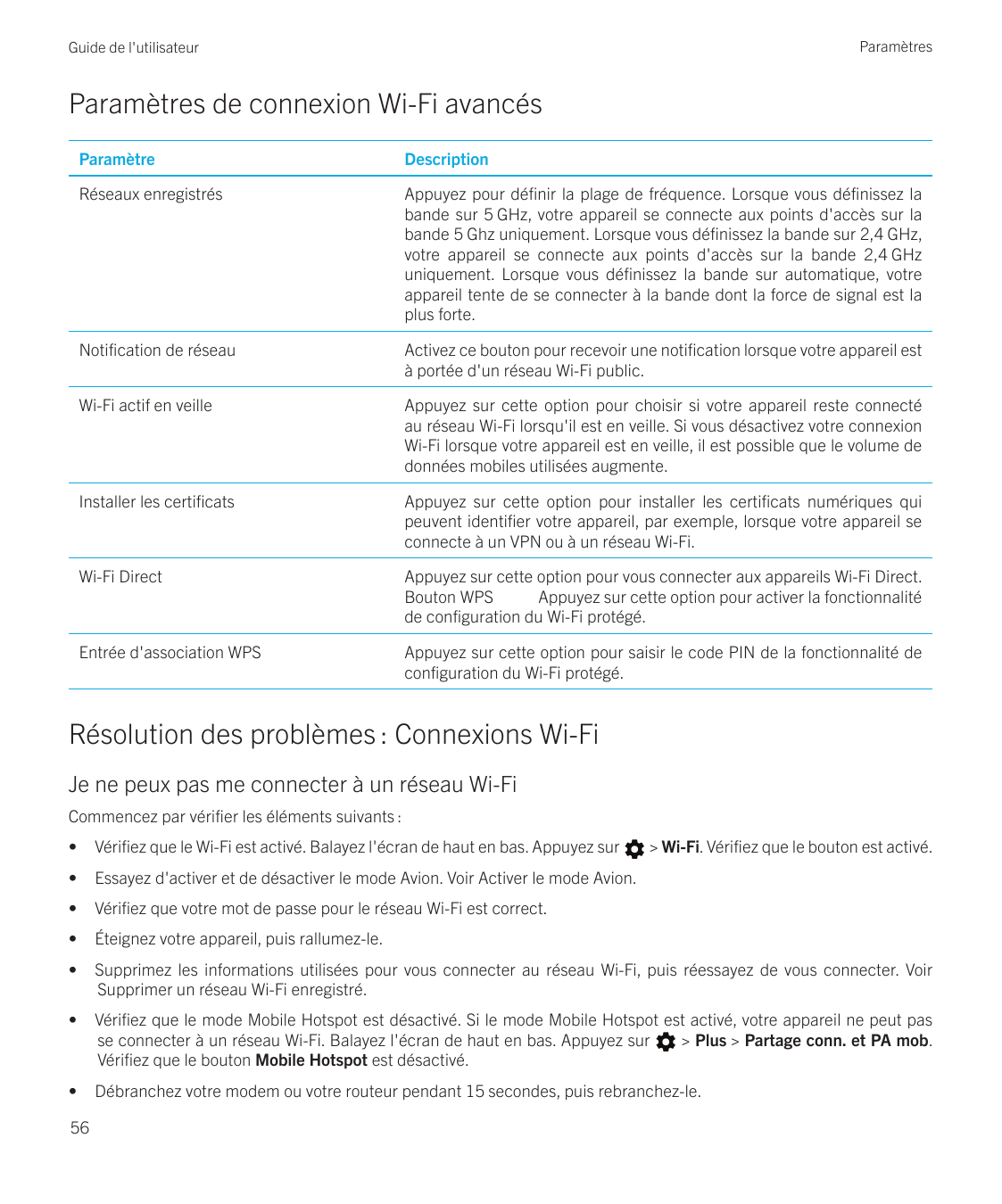 ParamètresGuide de l'utilisateurParamètres de connexion Wi-Fi avancésParamètreDescriptionRéseaux enregistrésAppuyez pour définir