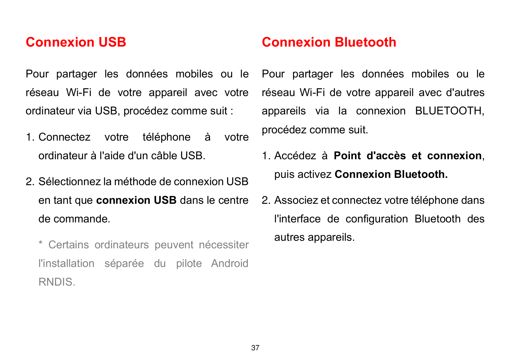Connexion USBConnexion BluetoothPour partager les données mobiles ou lePour partager les données mobiles ou leréseau Wi-Fi de vo