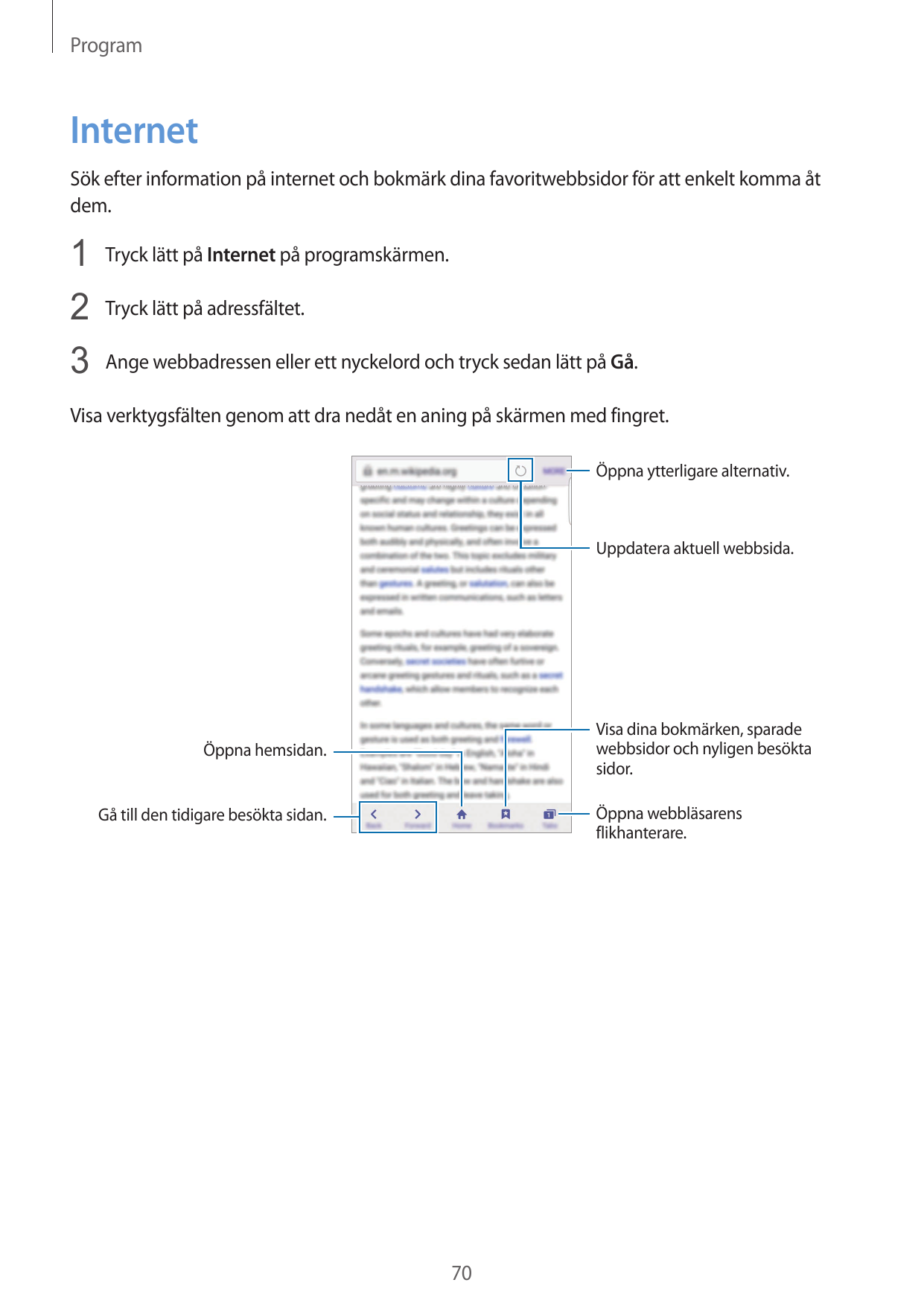 ProgramInternetSök efter information på internet och bokmärk dina favoritwebbsidor för att enkelt komma åtdem.1 Tryck lätt på In