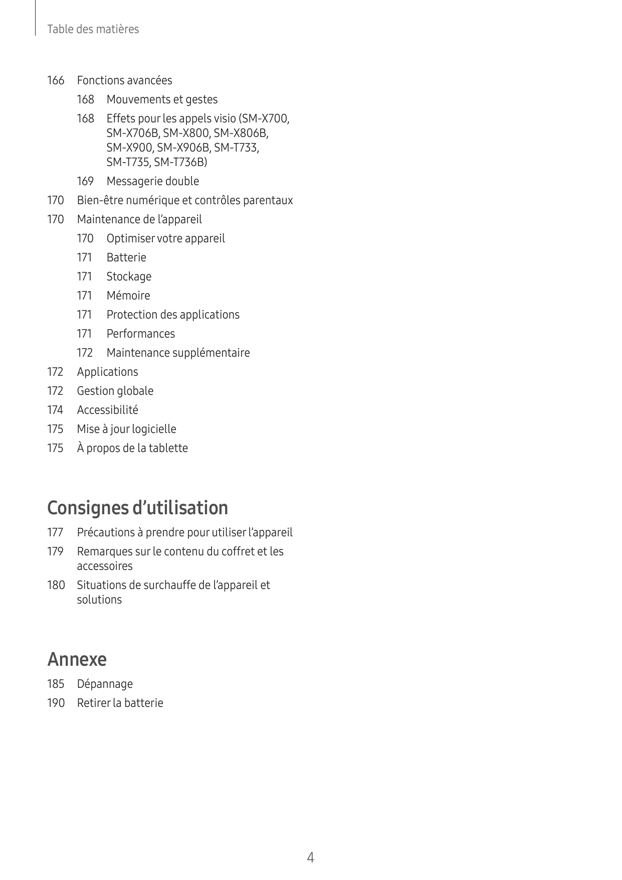 Table des matières166 Fonctions avancées168 Mouvements et gestes168 Effets pour les appels visio (SM-X700,SM-X706B, SM-X800, SM-