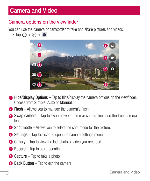 Camera and VideoCamera options on the viewfinderYou can use the camera or camcorder to take and share pictures and videos.• Tap>