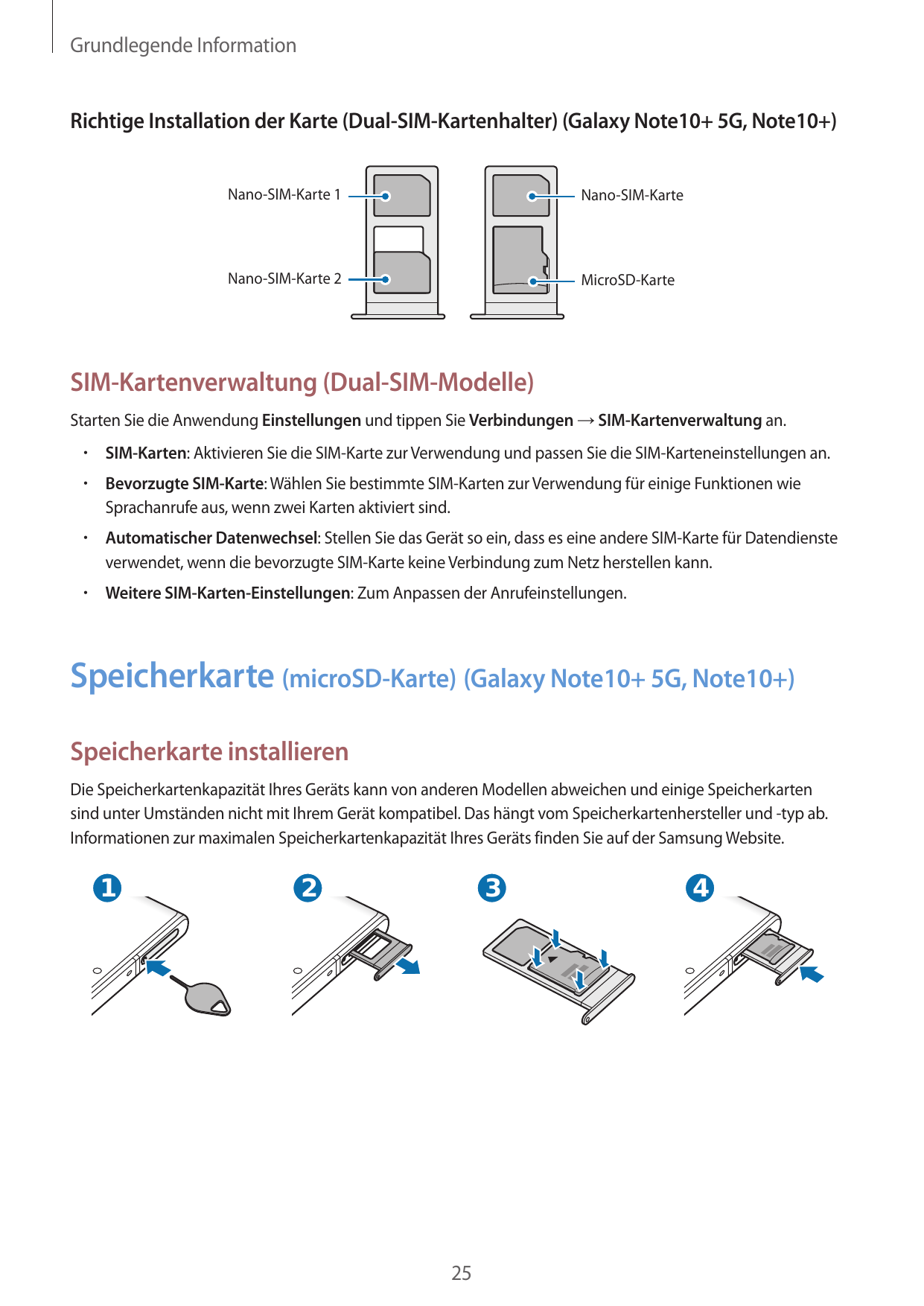 Grundlegende InformationRichtige Installation der Karte (Dual-SIM-Kartenhalter) (Galaxy Note10+ 5G, Note10+)Nano-SIM-Karte 1Nano