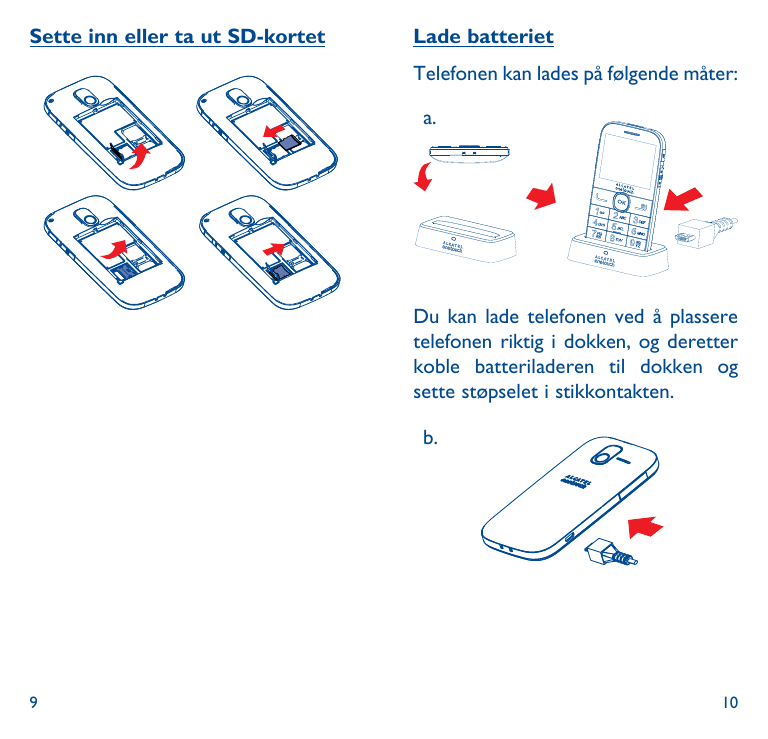 Sette inn eller ta ut SD-kortetLade batterietTelefonen kan lades på følgende måter:a.Du kan lade telefonen ved å plasseretelefon