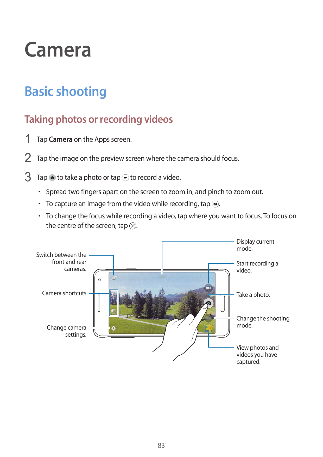 CameraBasic shootingTaking photos or recording videos1 Tap Camera on the Apps screen.2 Tap the image on the preview screen where