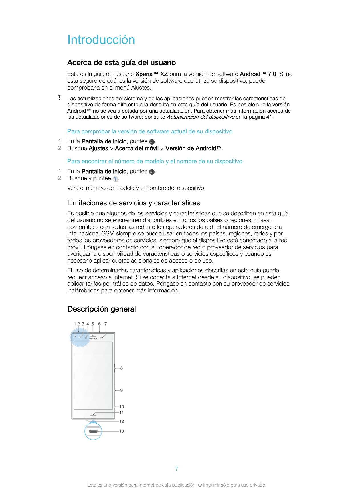 IntroducciónAcerca de esta guía del usuarioEsta es la guía del usuario Xperia™ XZ para la versión de software Android™ 7.0. Si n