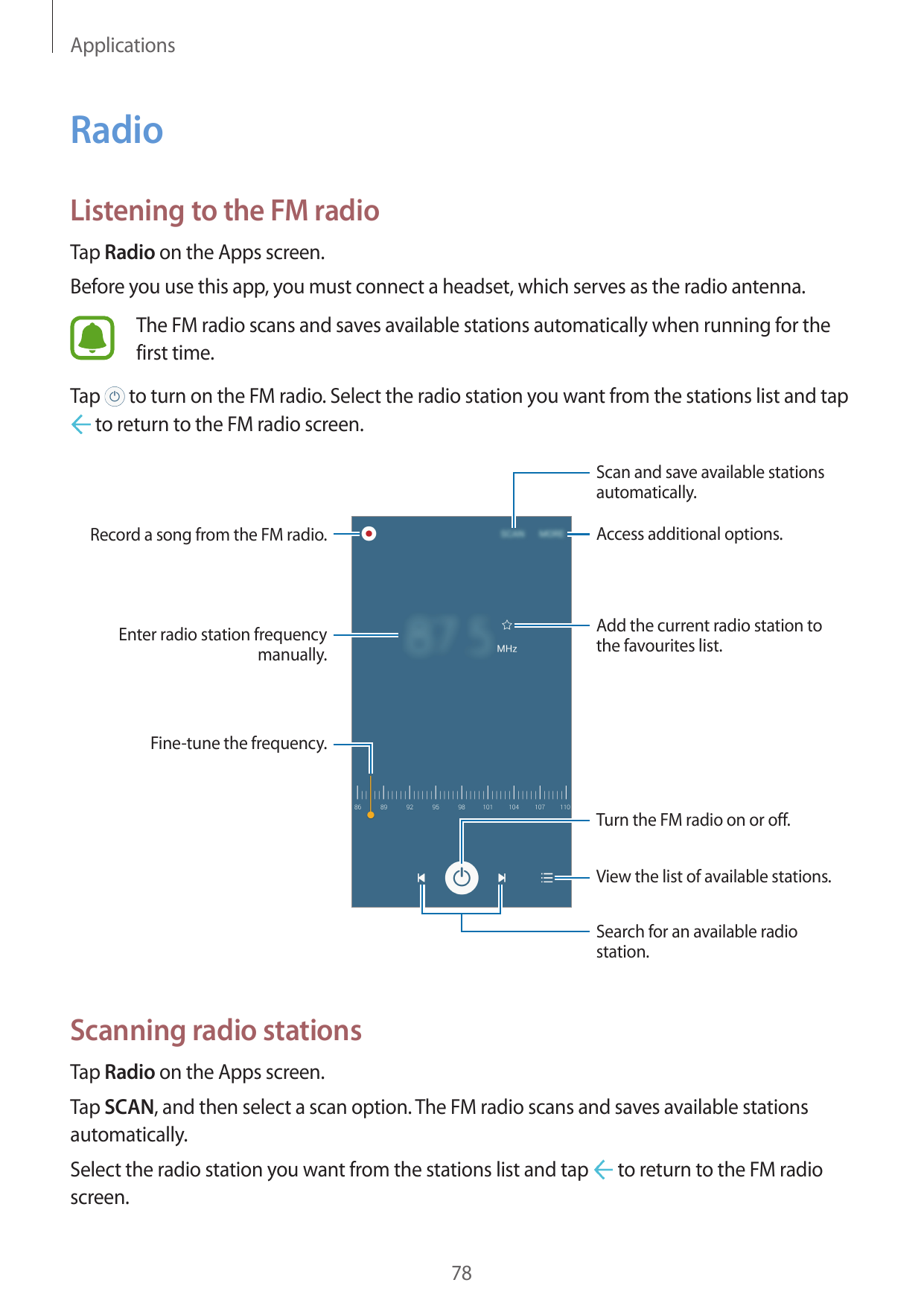 ApplicationsRadioListening to the FM radioTap Radio on the Apps screen.Before you use this app, you must connect a headset, whic