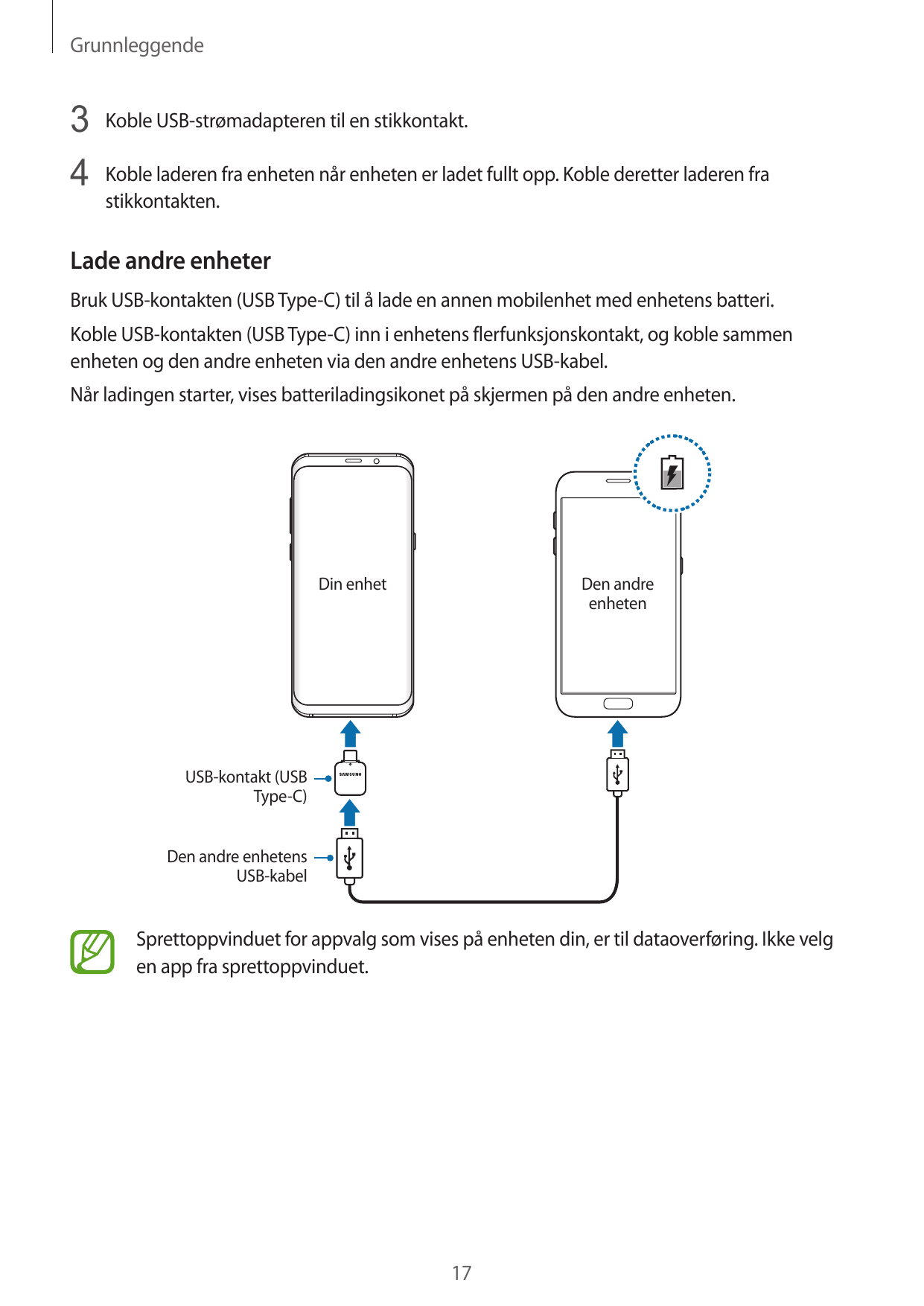 Grunnleggende3 Koble USB-strømadapteren til en stikkontakt.4 Koble laderen fra enheten når enheten er ladet fullt opp. Koble der