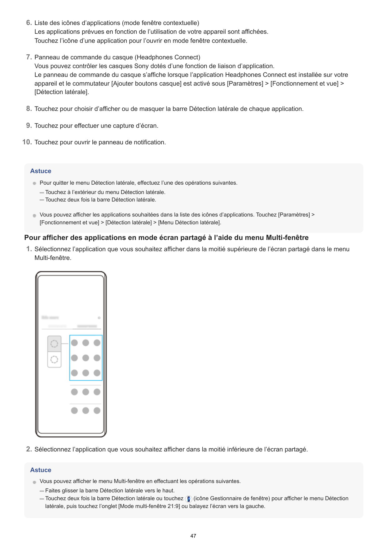 6. Liste des icônes d’applications (mode fenêtre contextuelle)Les applications prévues en fonction de l’utilisation de votre app