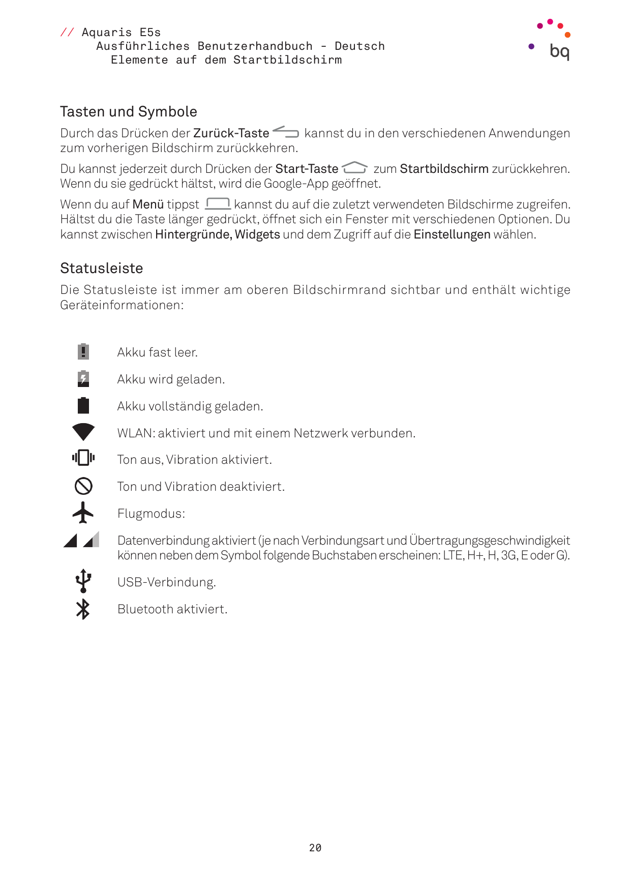// Aquaris E5sAusführliches Benutzerhandbuch - DeutschElemente auf dem StartbildschirmTasten und SymboleDurch das Drücken der Zu
