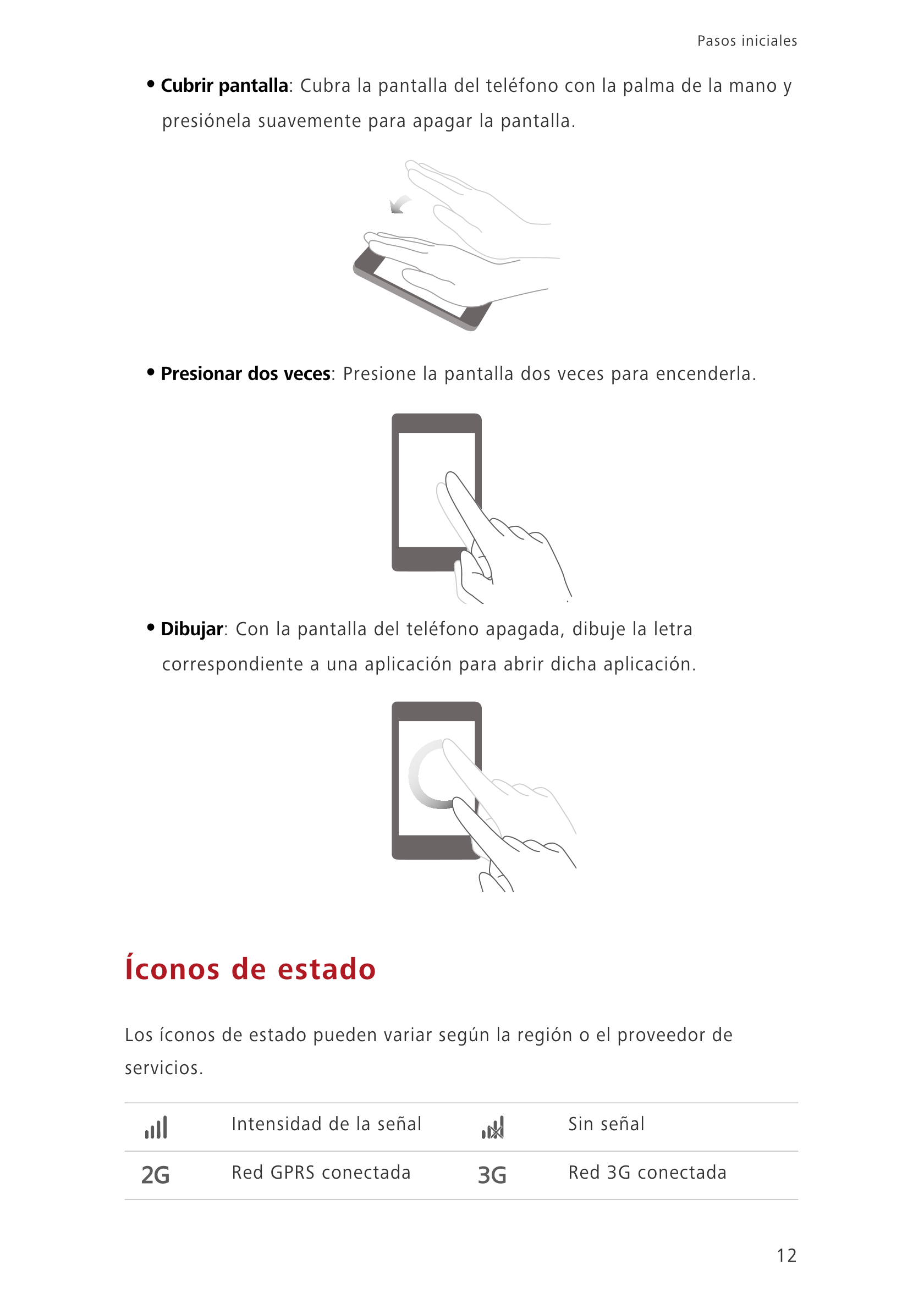 Pasos iniciales 
•Cubrir  pantalla: Cubra la pantalla del teléfono con la palma de la mano y 
presiónela suavemente para apagar 