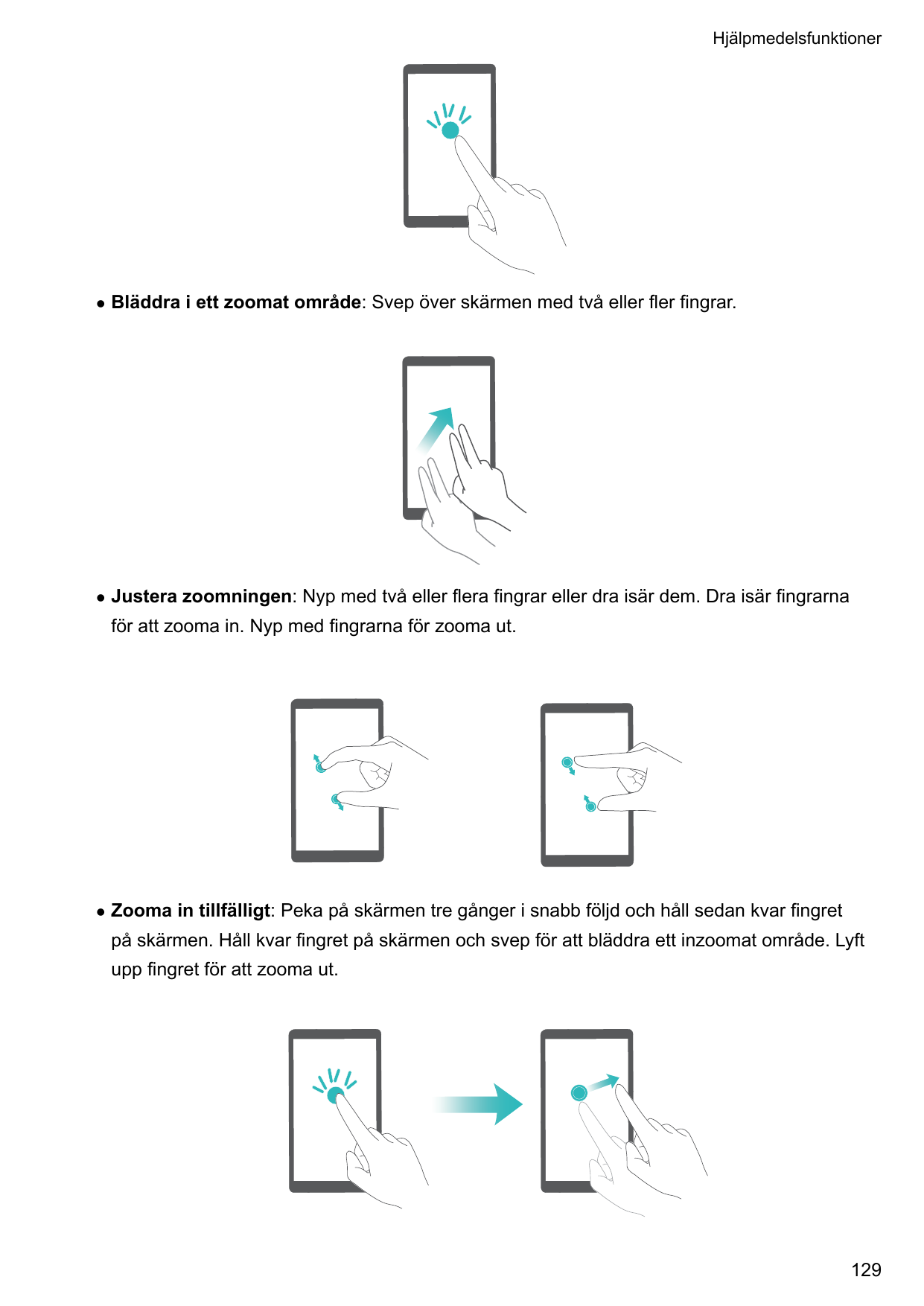 HjälpmedelsfunktionerlBläddra i ett zoomat område: Svep över skärmen med två eller fler fingrar.lJustera zoomningen: Nyp med två