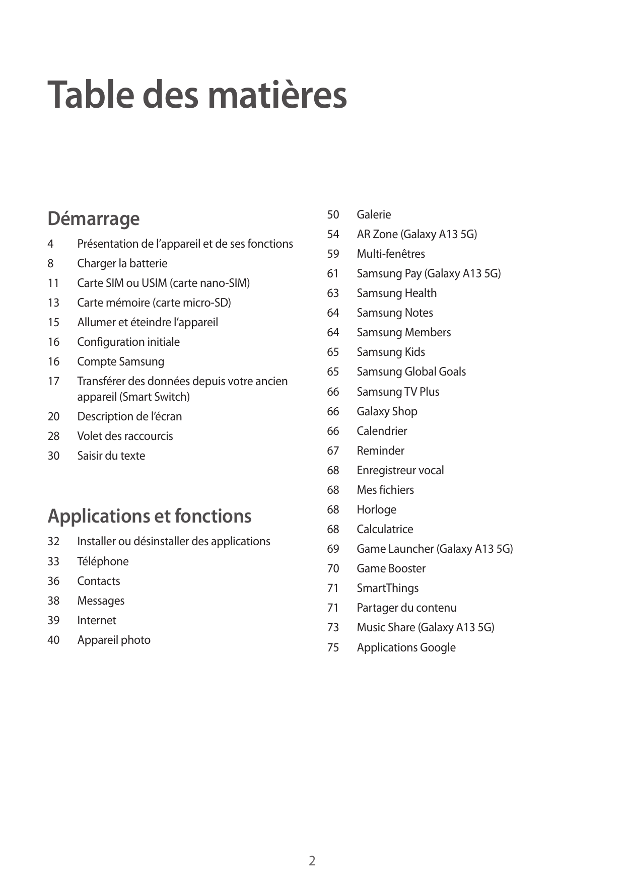 Table des matièresDémarrage4Présentation de l’appareil et de ses fonctions8Charger la batterie11Carte SIM ou USIM (carte nano-SI