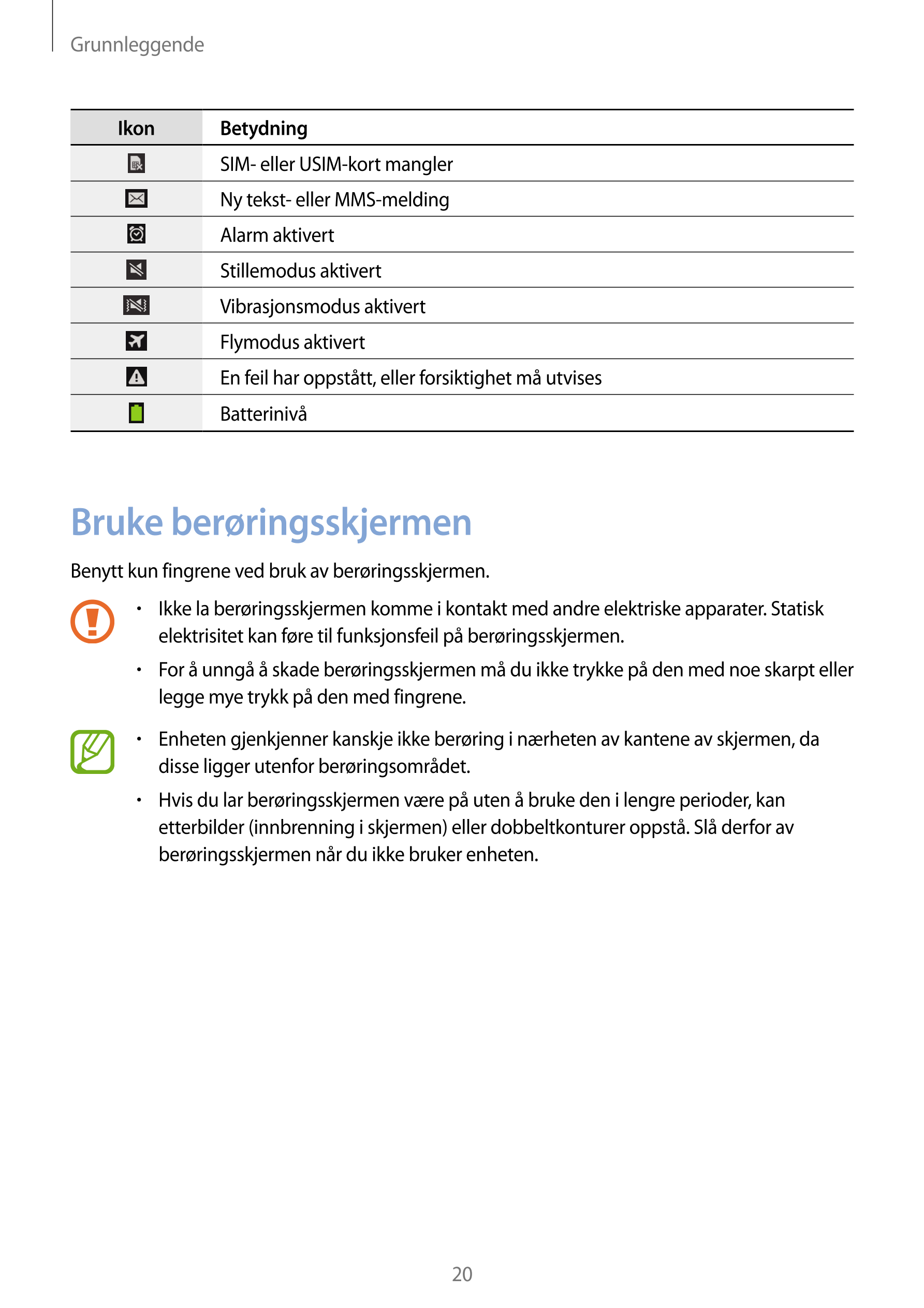 Grunnleggende
Ikon Betydning
SIM- eller USIM-kort mangler
Ny tekst- eller MMS-melding
Alarm aktivert
Stillemodus aktivert
Vibras