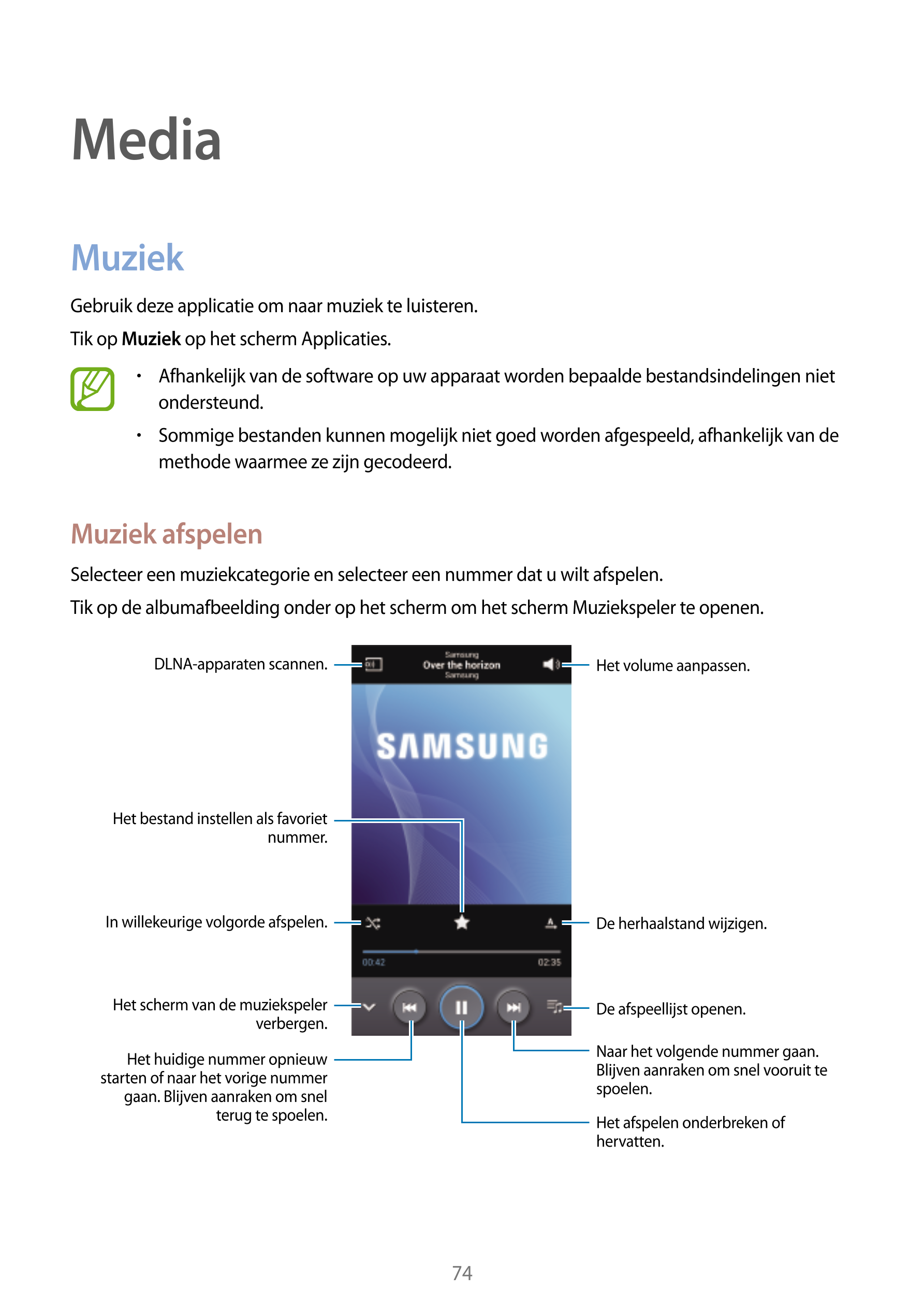 Media
Muziek
Gebruik deze applicatie om naar muziek te luisteren.
Tik op  Muziek op het scherm Applicaties.
•    Afhankelijk van