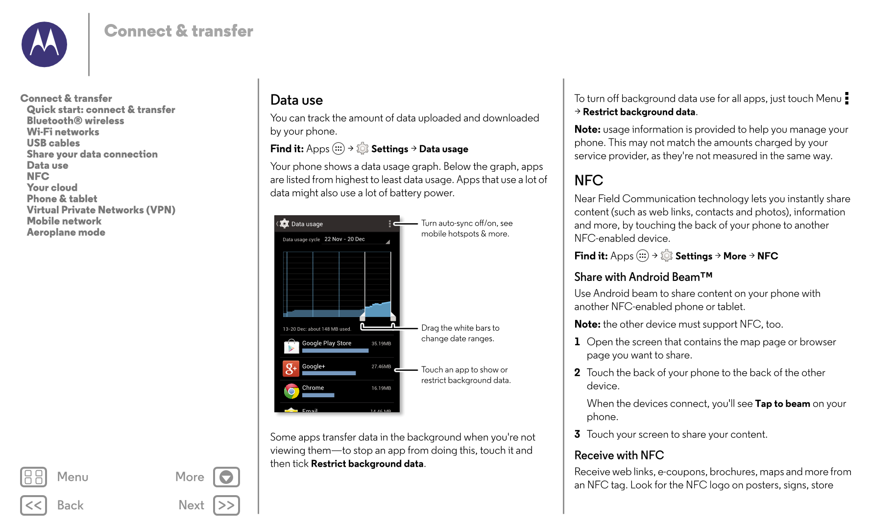 Connect & transfer
Connect & transfer Data use To turn off background data use for all apps, just touch Menu    
   Quick start: