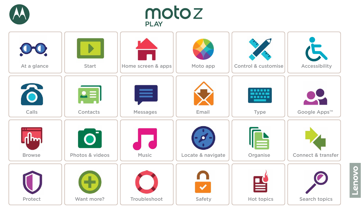 Moto GAt a glanceStartHome screen & appsMoto appControl & customiseAccessibilityCallsContactsMessagesEmailTypeGoogle Apps™Browse