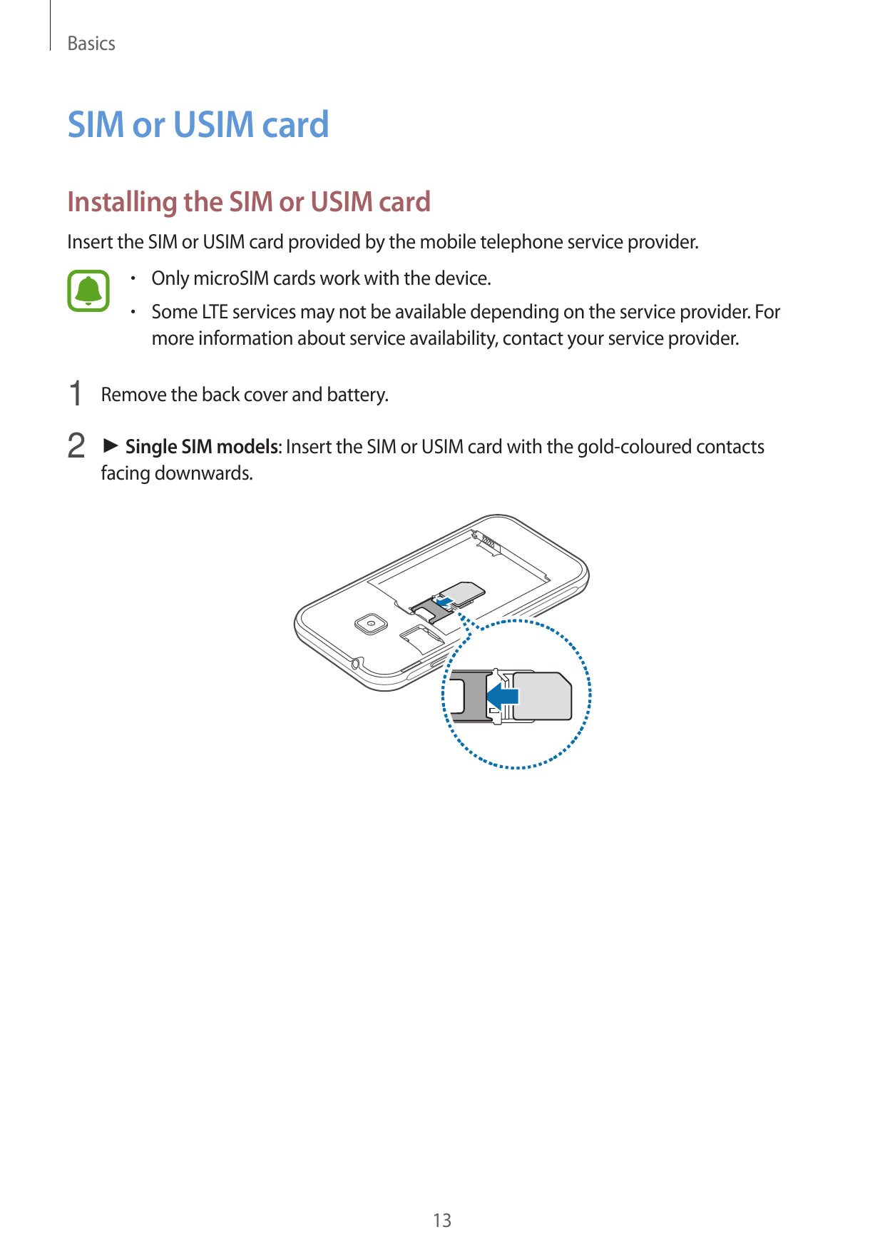 BasicsSIM or USIM cardInstalling the SIM or USIM cardInsert the SIM or USIM card provided by the mobile telephone service provid