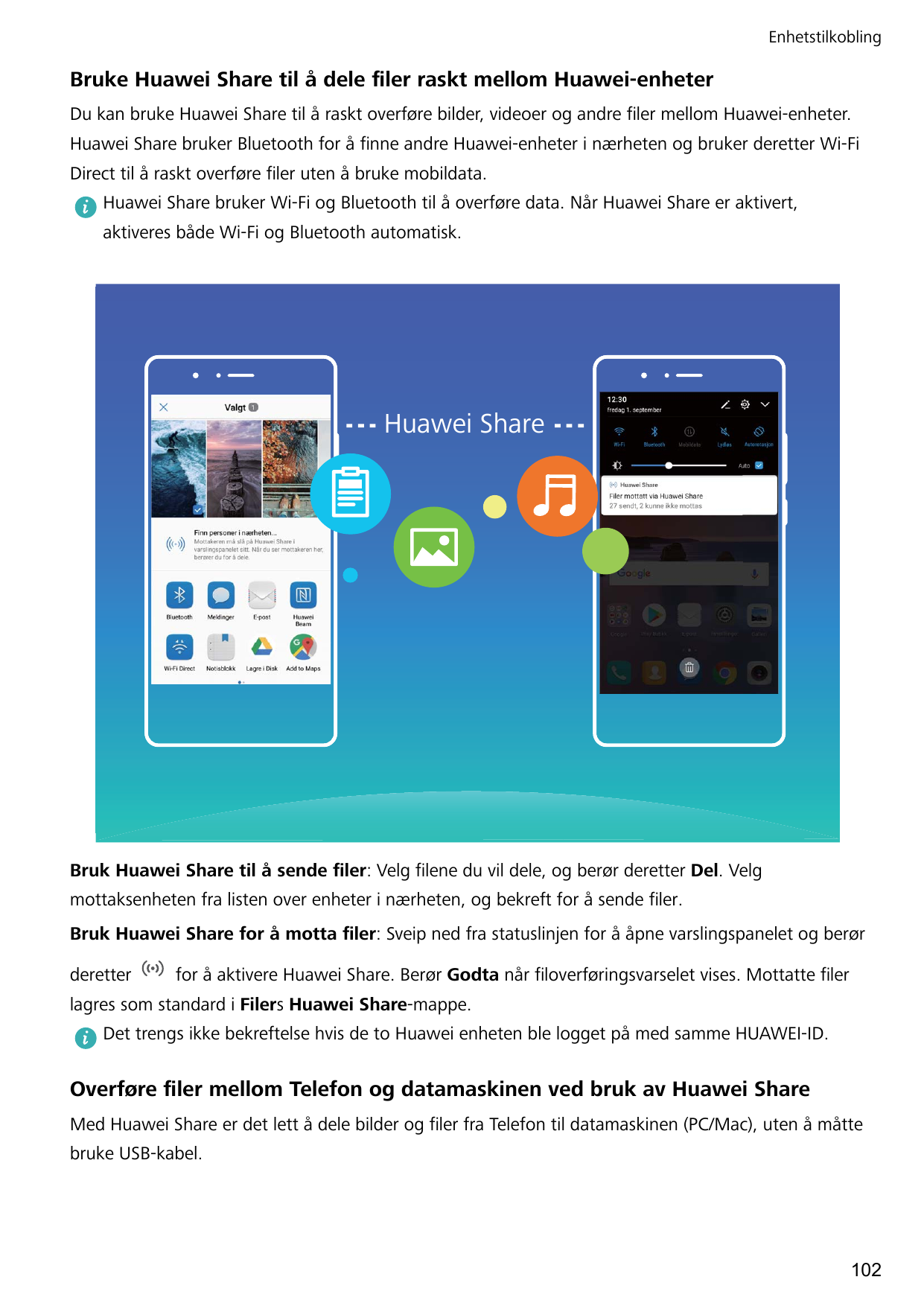 EnhetstilkoblingBruke Huawei Share til å dele filer raskt mellom Huawei-enheterDu kan bruke Huawei Share til å raskt overføre bi