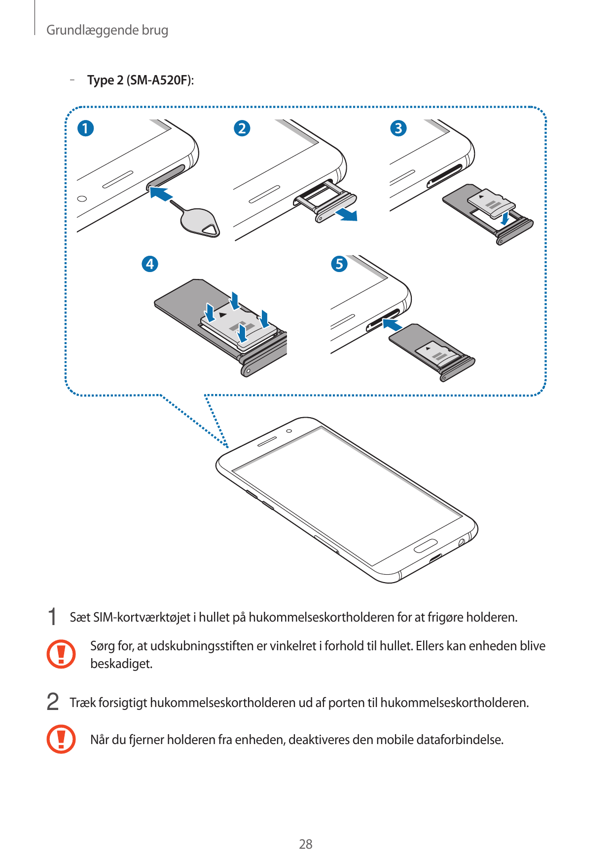 Grundlæggende brug– – Type 2 (SM-A520F):1 Sæt SIM-kortværktøjet i hullet på hukommelseskortholderen for at frigøre holderen.Sørg