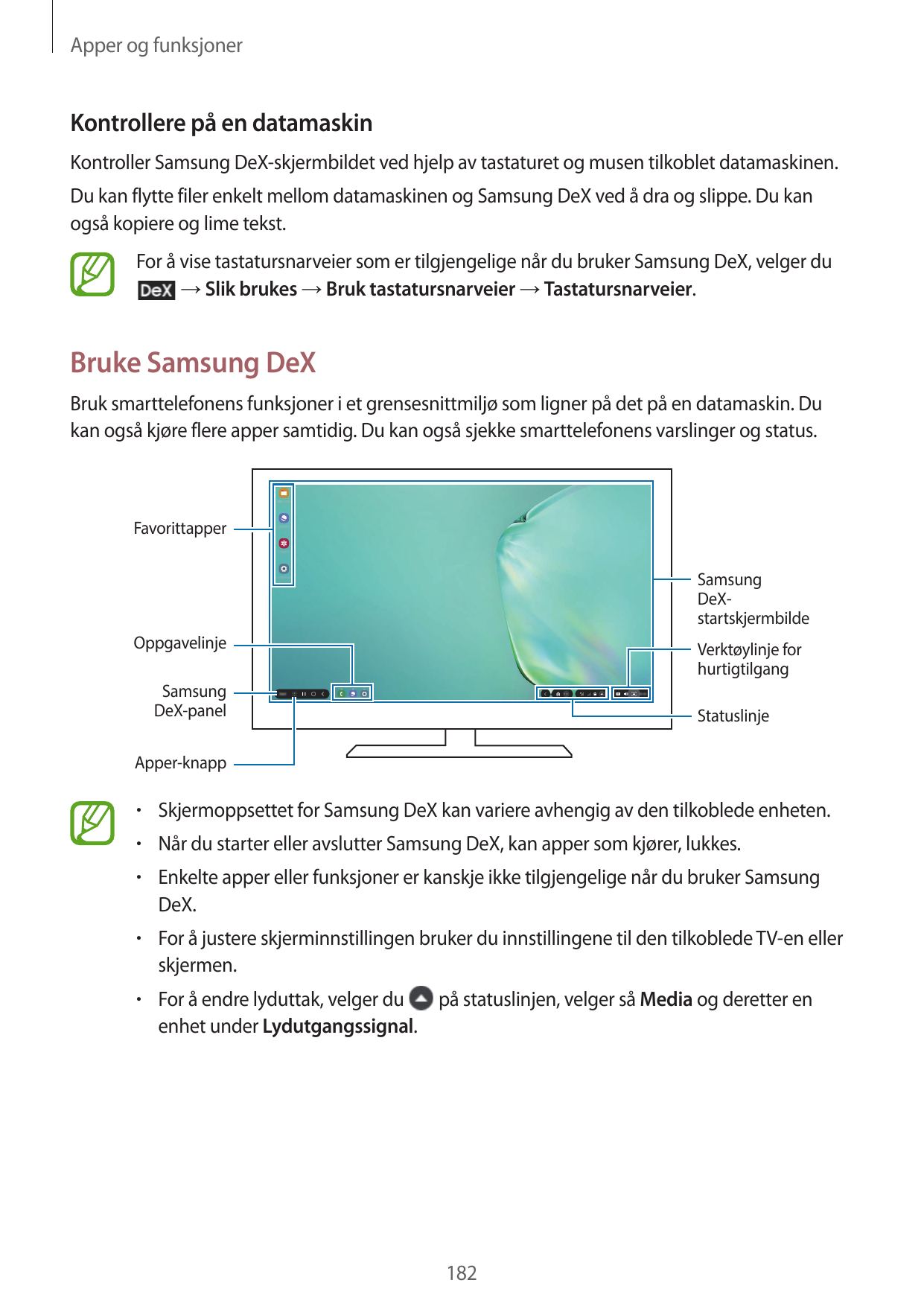 Apper og funksjonerKontrollere på en datamaskinKontroller Samsung DeX-skjermbildet ved hjelp av tastaturet og musen tilkoblet da