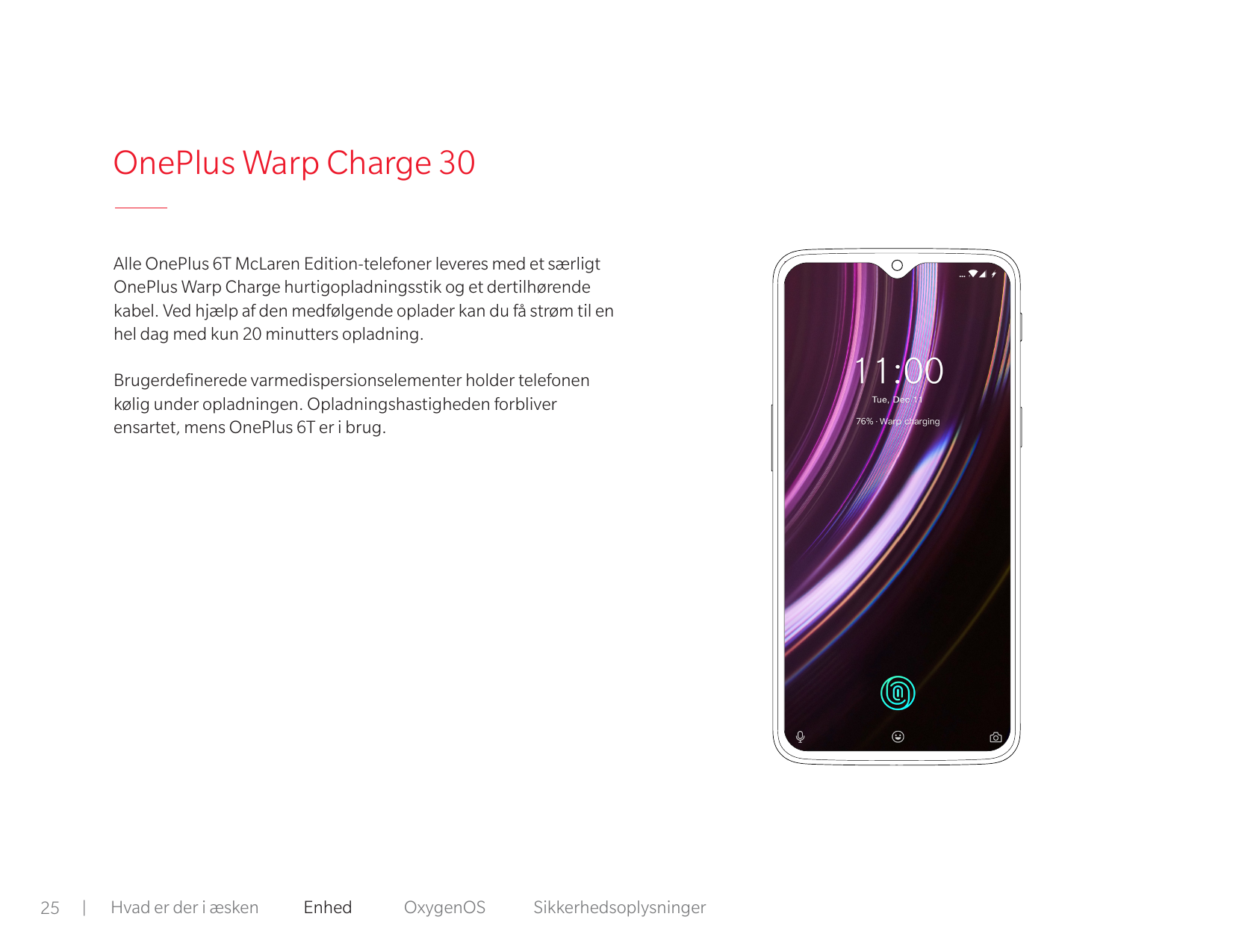 OnePlus Warp Charge 30Alle OnePlus 6T McLaren Edition-telefoner leveres med et særligtOnePlus Warp Charge hurtigopladningsstik o