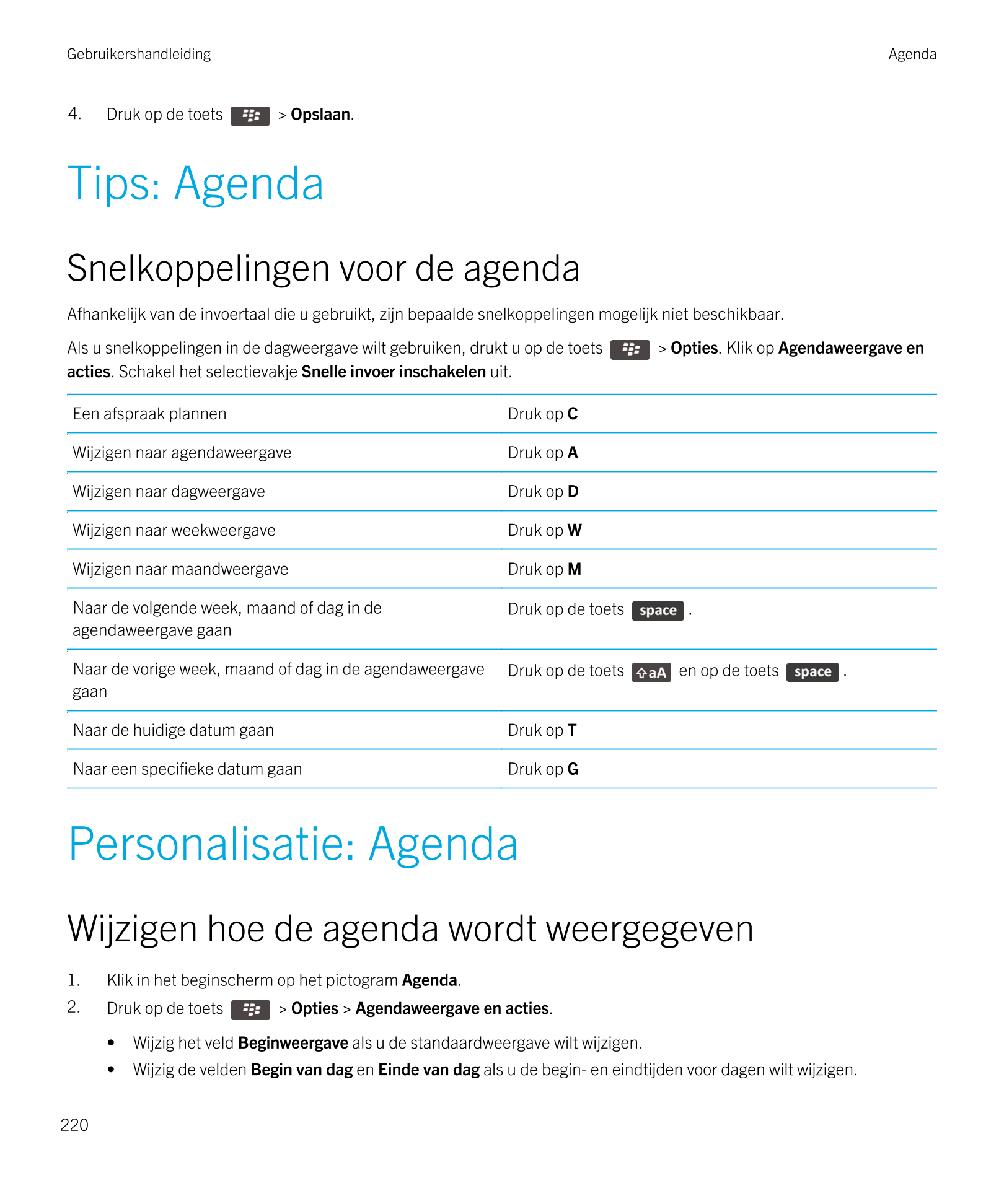 Gebruikershandleiding Agenda
4. Druk op de toets   >  Opslaan. 
Tips: Agenda
Snelkoppelingen voor de agenda
Afhankelijk van de i