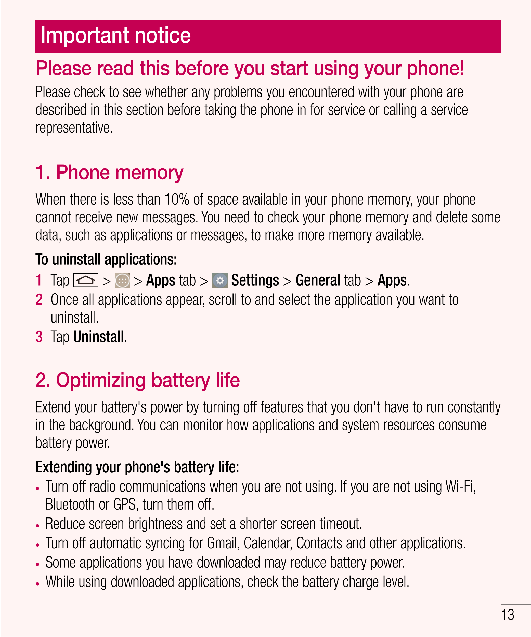 Important notice
Please read this before you start using your phone!
Please check to see whether any problems you encountered wi