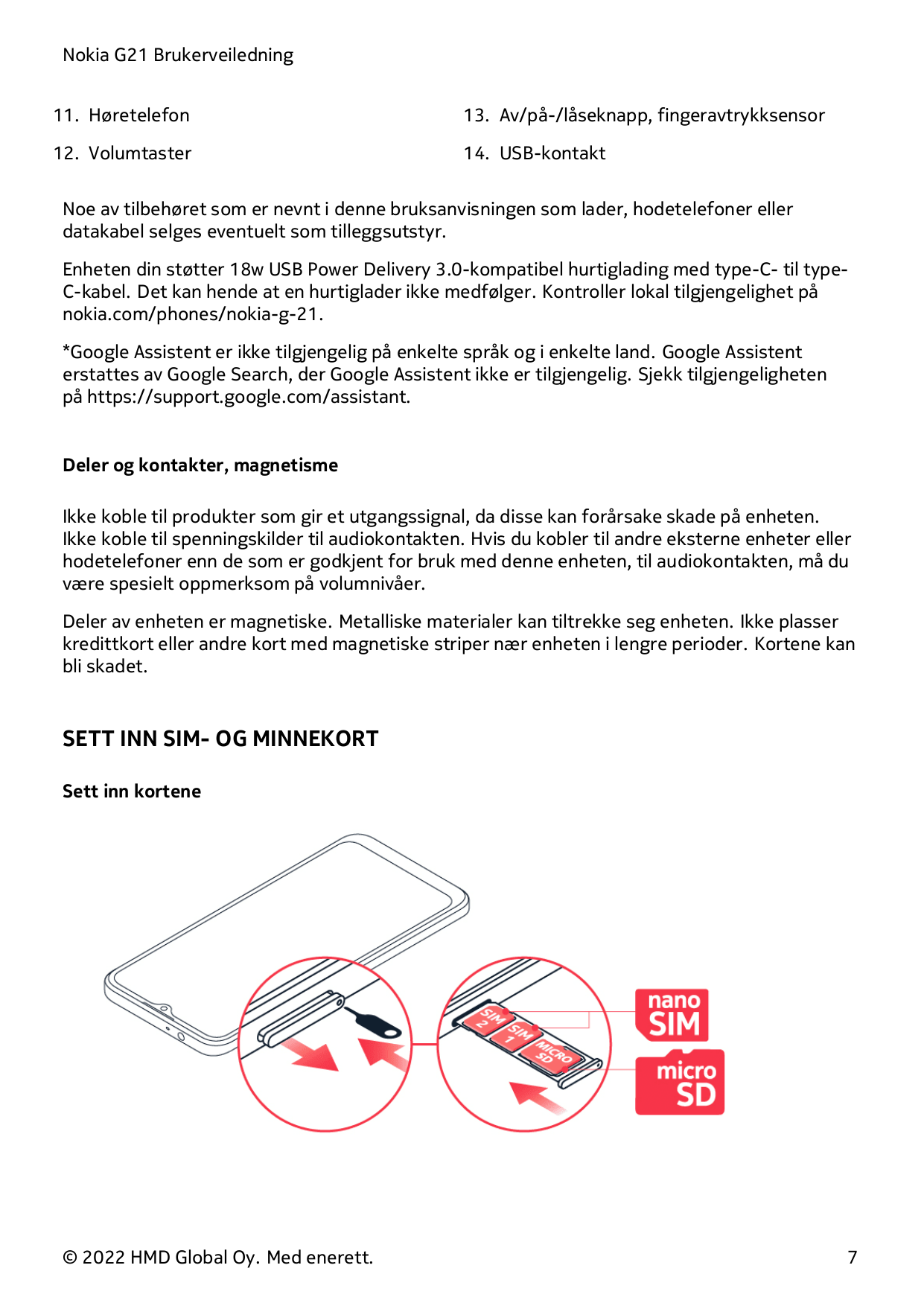 Nokia G21 Brukerveiledning11. Høretelefon13. Av/på-/låseknapp, fingeravtrykksensor12. Volumtaster14. USB-kontaktNoe av tilbehøre