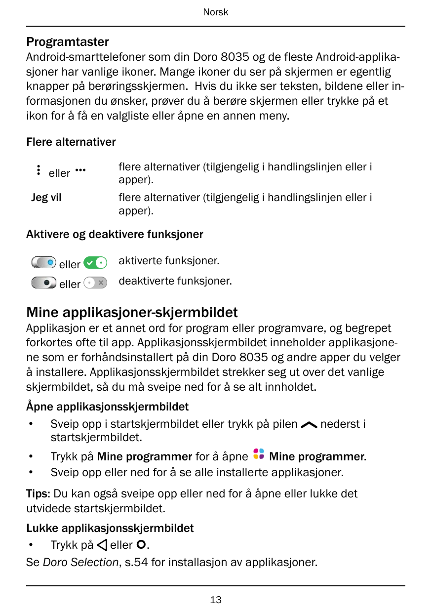 NorskProgramtasterAndroid-smarttelefoner som din Doro 8035 og de fleste Android-applikasjoner har vanlige ikoner. Mange ikoner d