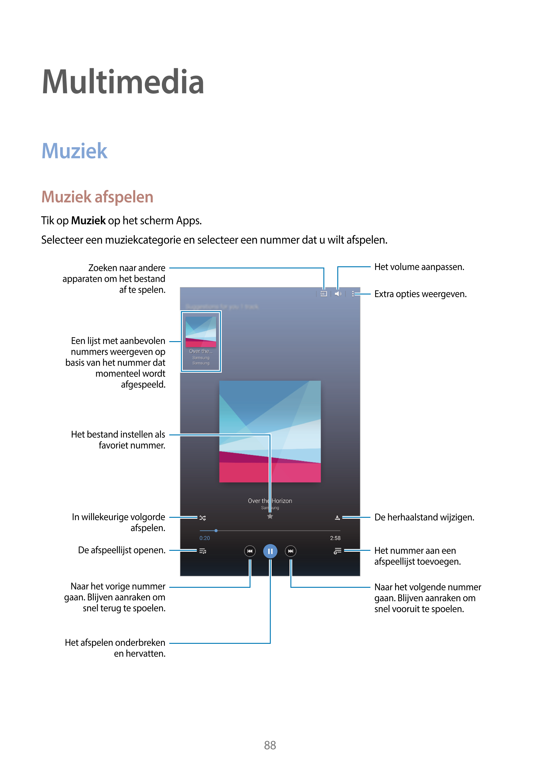 Multimedia
Muziek
Muziek afspelen
Tik op  Muziek op het scherm Apps.
Selecteer een muziekcategorie en selecteer een nummer dat u