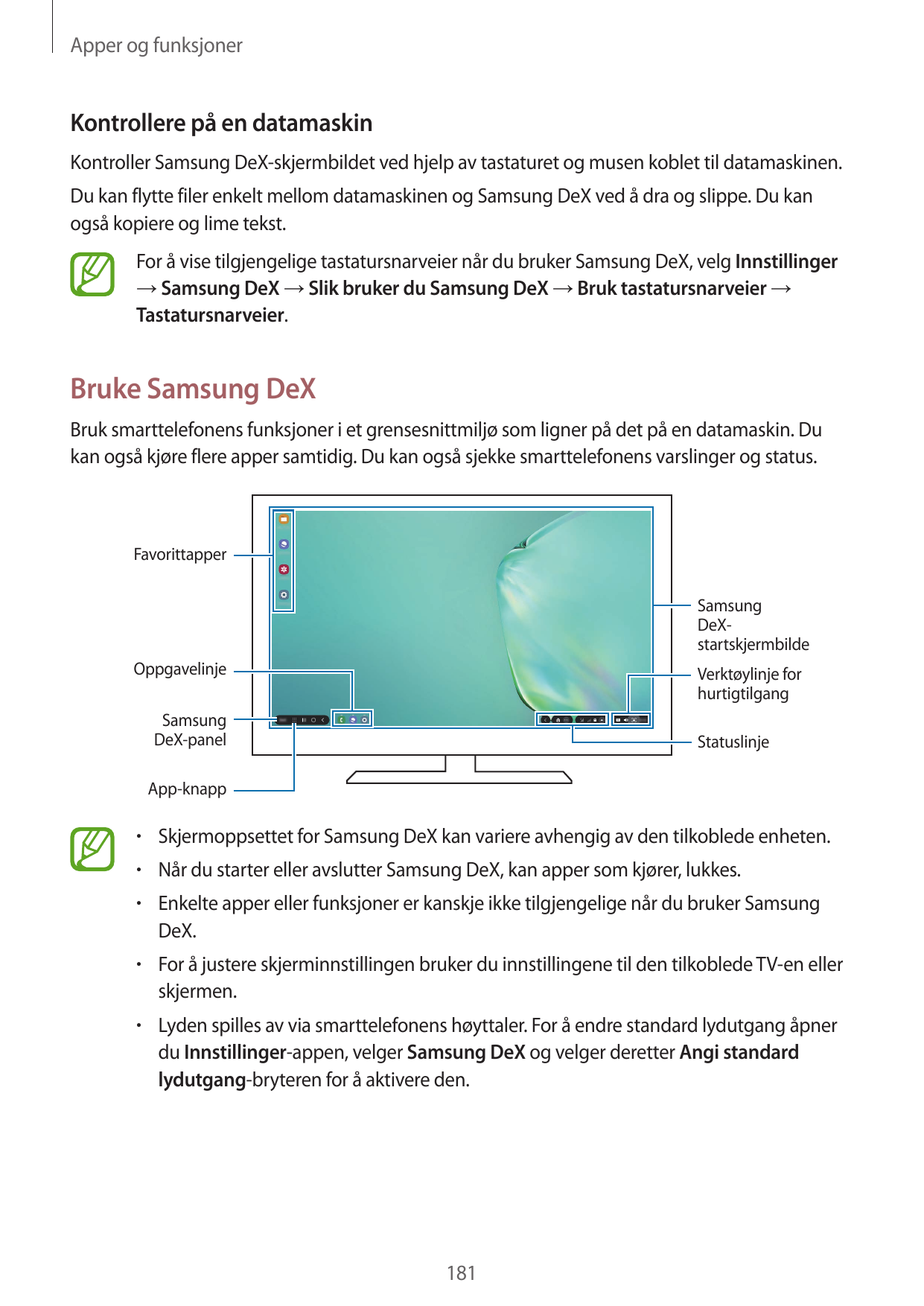 Apper og funksjonerKontrollere på en datamaskinKontroller Samsung DeX-skjermbildet ved hjelp av tastaturet og musen koblet til d