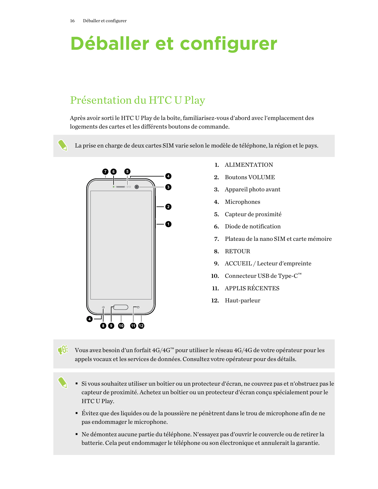 16Déballer et configurerDéballer et configurerPrésentation du HTC U PlayAprès avoir sorti le HTC U Play de la boîte, familiarise