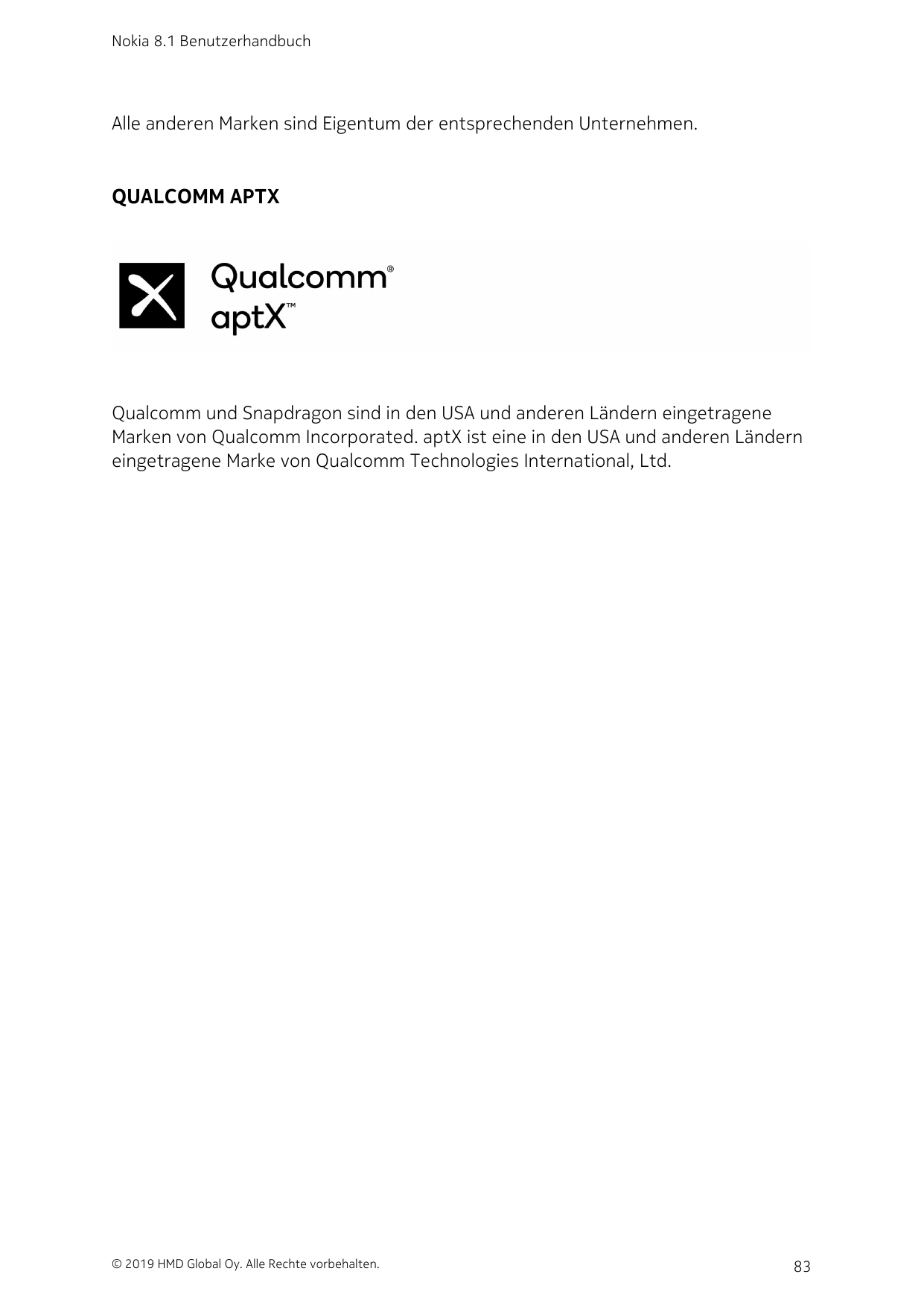 Nokia 8.1 BenutzerhandbuchAlle anderen Marken sind Eigentum der entsprechenden Unternehmen.QUALCOMM APTXQualcomm und Snapdragon 