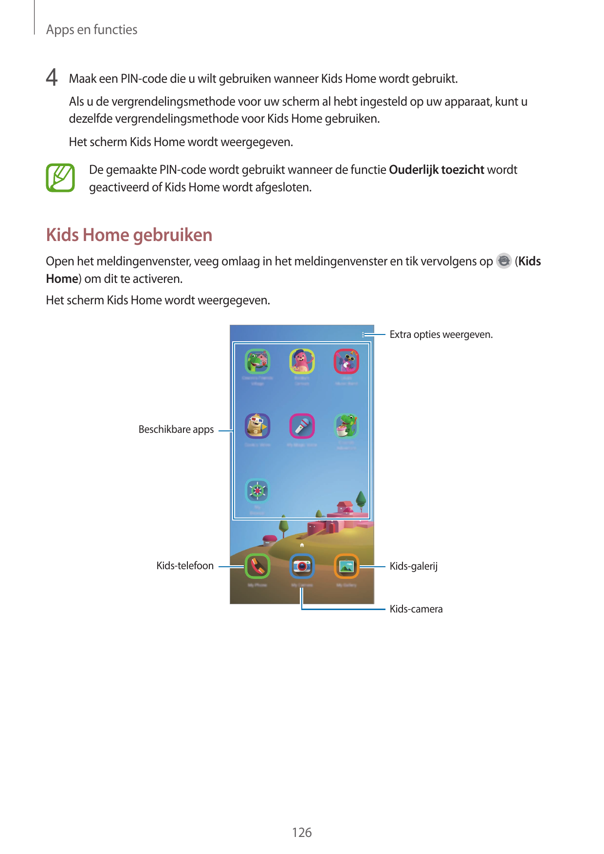 Apps en functies4 Maak een PIN-code die u wilt gebruiken wanneer Kids Home wordt gebruikt.Als u de vergrendelingsmethode voor uw