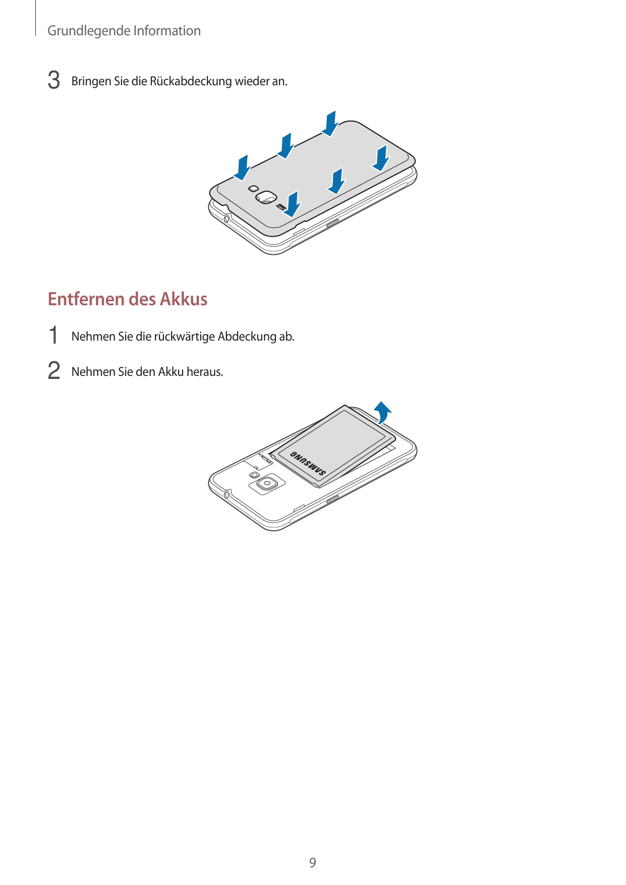 Grundlegende Information3 Bringen Sie die Rückabdeckung wieder an.Entfernen des Akkus1 Nehmen Sie die rückwärtige Abdeckung ab.2