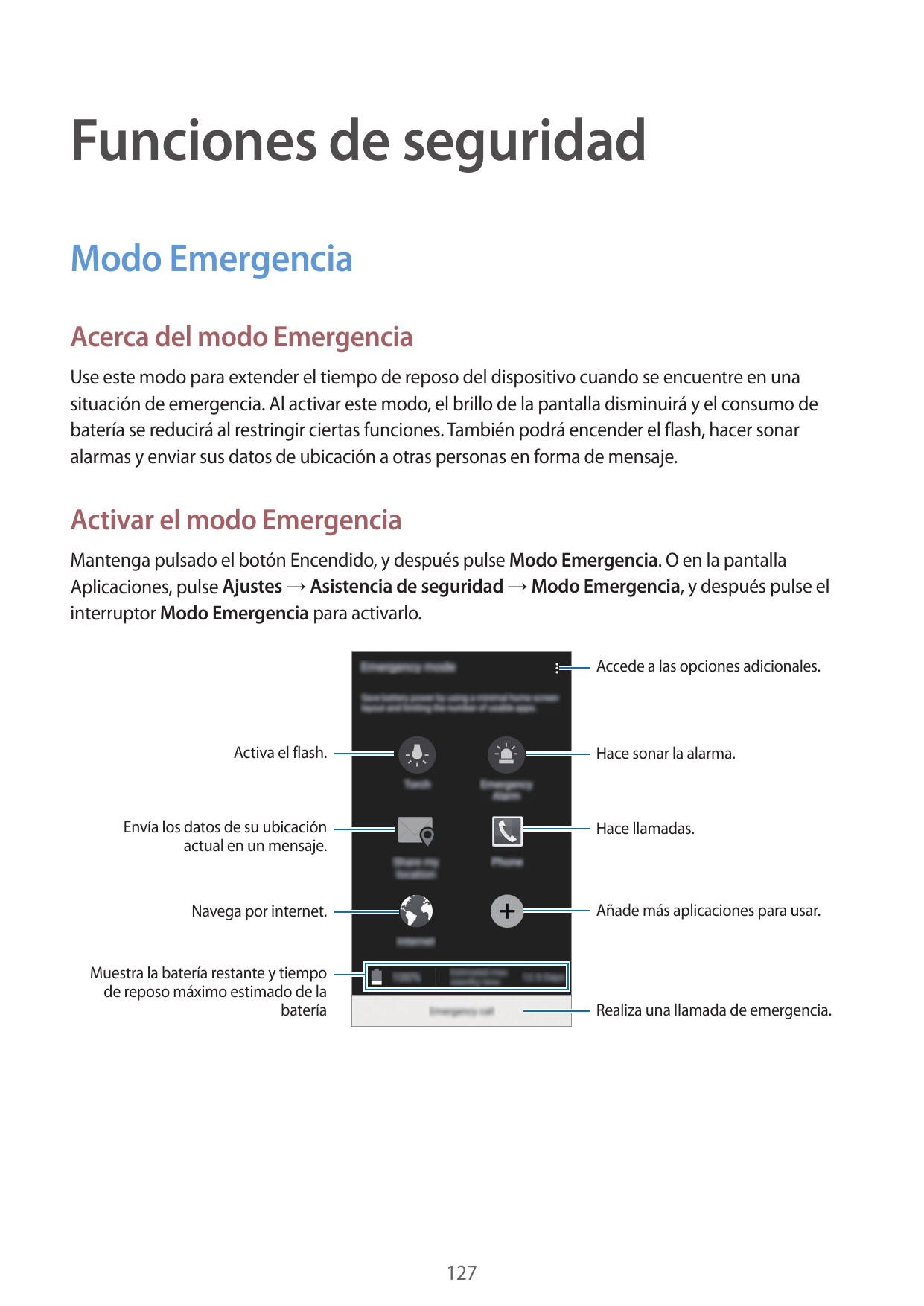 Funciones de seguridadModo EmergenciaAcerca del modo EmergenciaUse este modo para extender el tiempo de reposo del dispositivo c