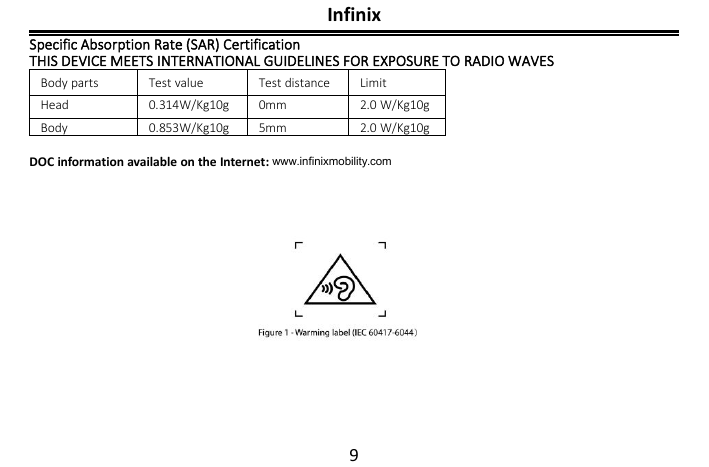 InfinixSpecific Absorption Rate (SAR) CertificationTHIS DEVICE MEETS INTERNATIONAL GUIDELINES FOR EXPOSURE TO RADIO WAVESBody pa