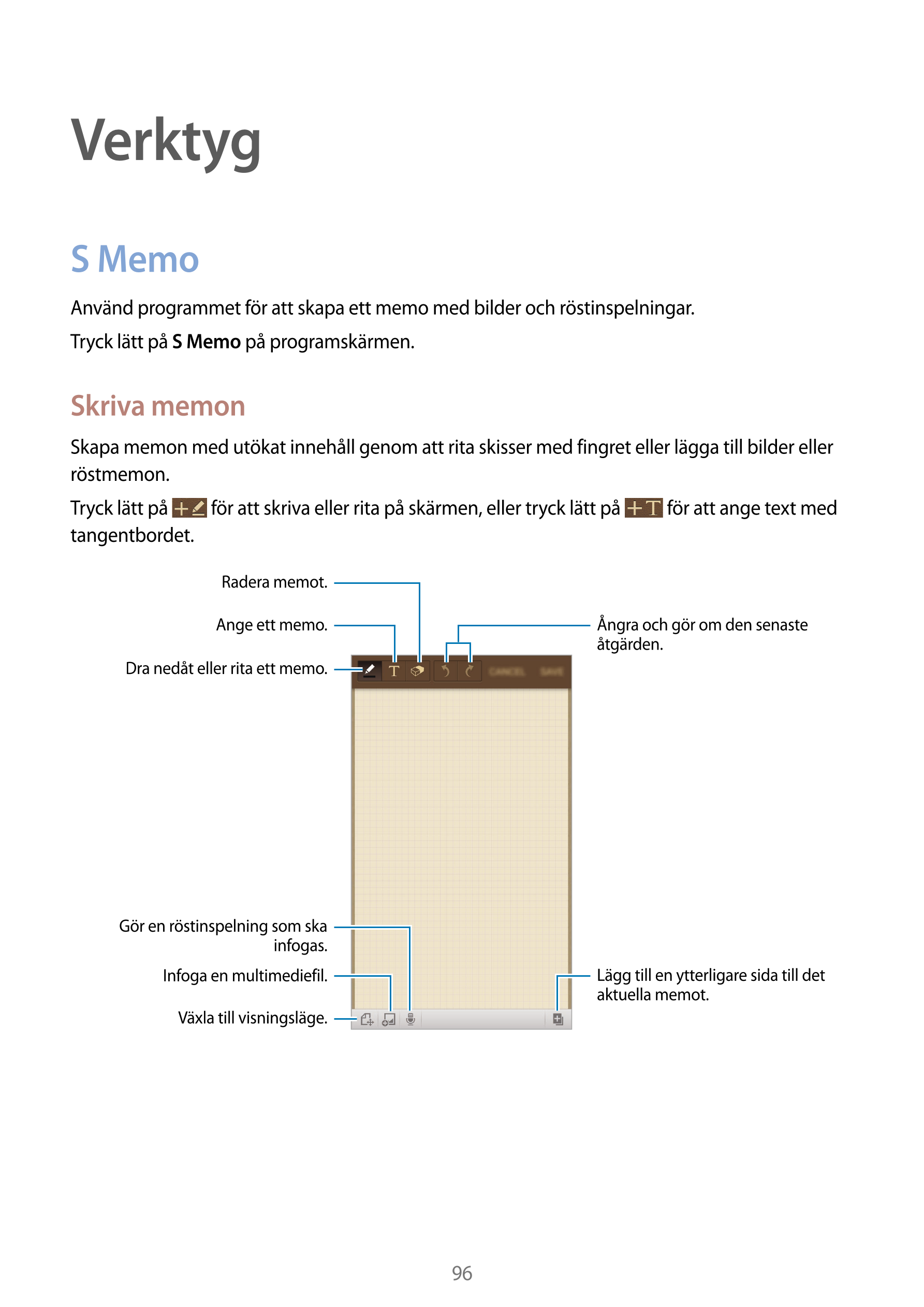 Verktyg
S Memo
Använd programmet för att skapa ett memo med bilder och röstinspelningar.
Tryck lätt på  S Memo på programskärmen