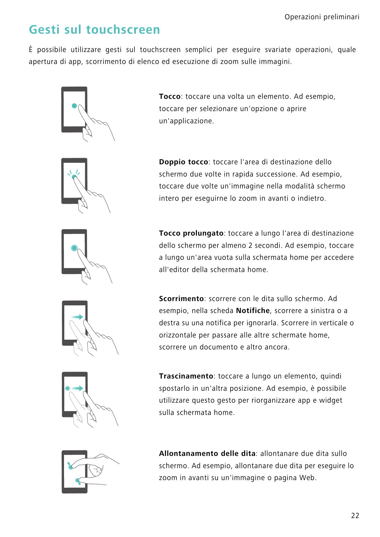 Operazioni preliminariGesti sul touchscreenÈ possibile utilizzare gesti sul touchscreen semplici per eseguire svariate operazion