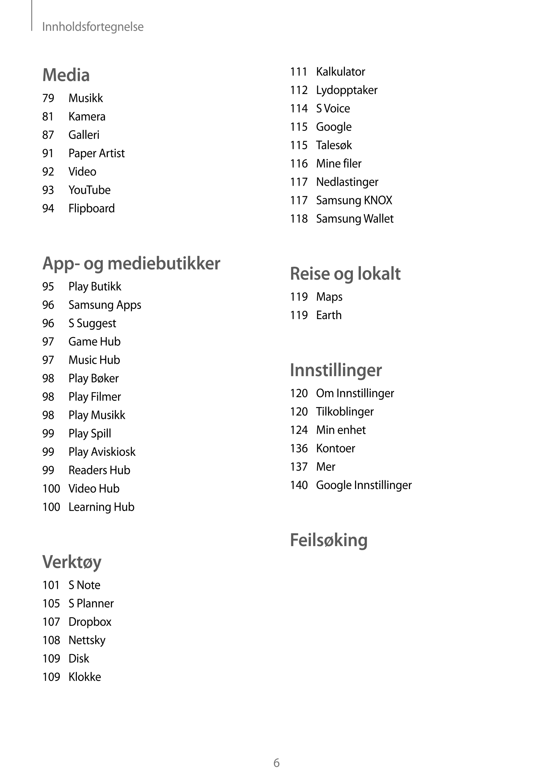 Innholdsfortegnelse
Media 111  Kalkulator
112  Lydopptaker
79  Musikk
114  S Voice
81  Kamera
115  Google
87  Galleri
115  Tales