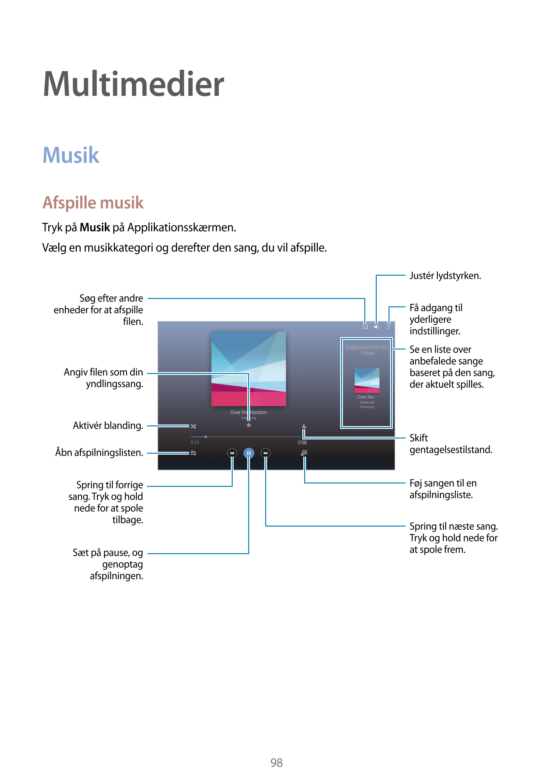 Multimedier
Musik
Afspille musik
Tryk på  Musik på Applikationsskærmen.
Vælg en musikkategori og derefter den sang, du vil afspi
